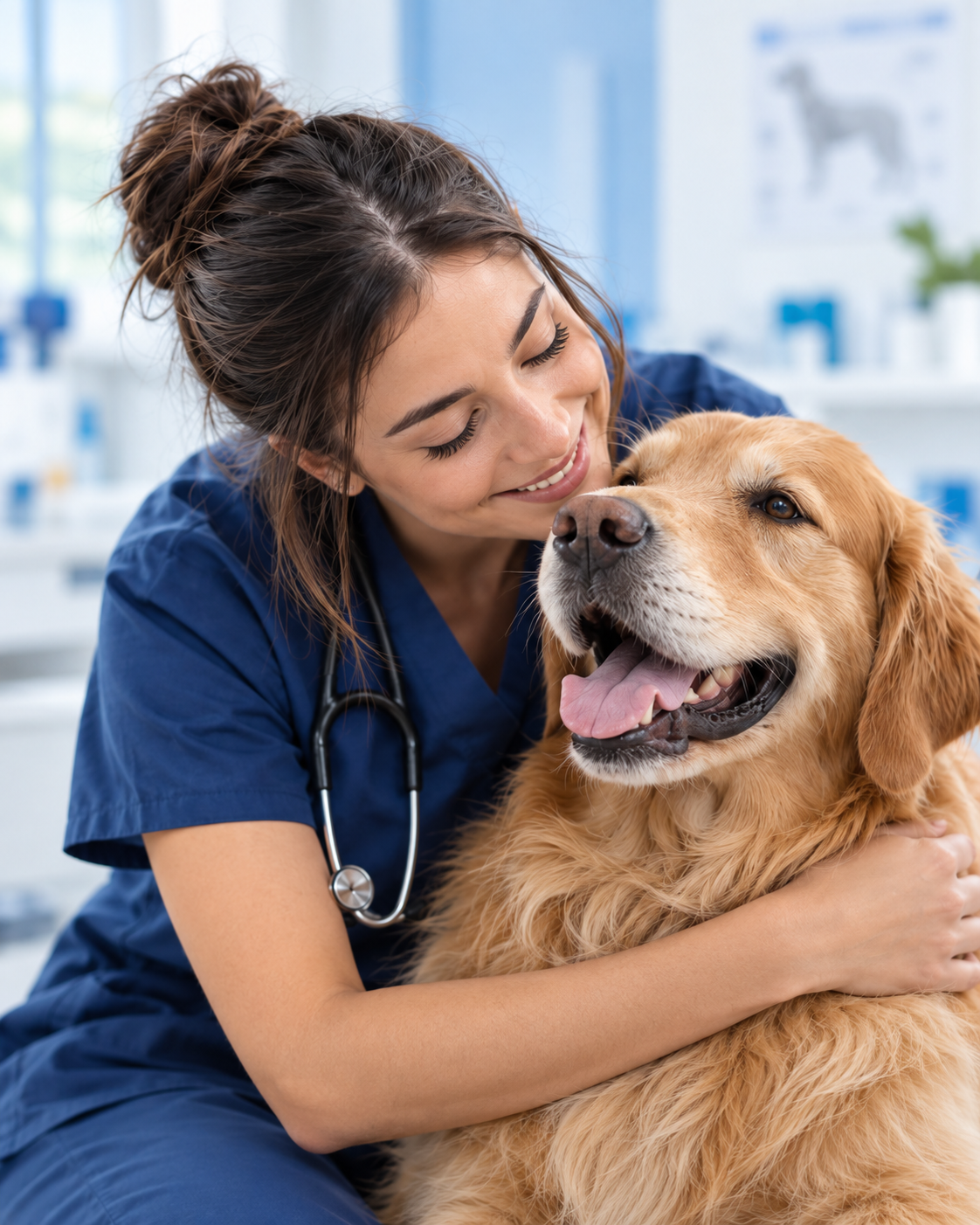 Veterinaria de ROMVET cuidando a un perro retriever sonriente